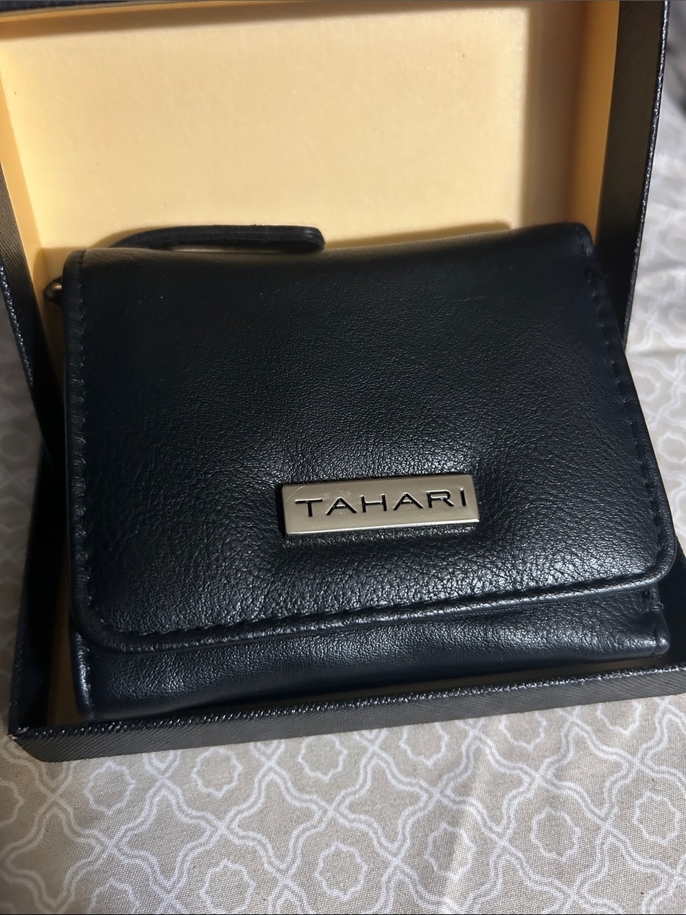 Tahari Black Leather Compact Wallet with Metal Logo